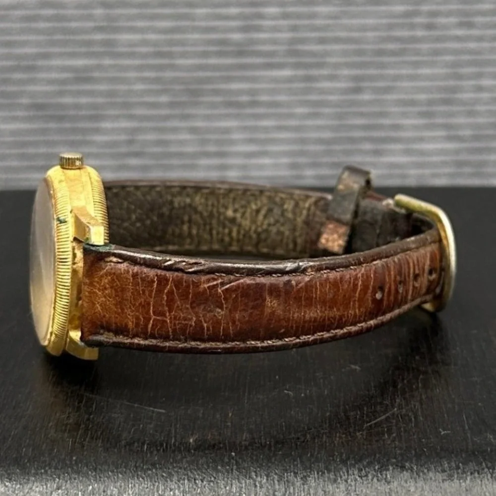 Vintage Military Field Watch Gold Tone Black Dial Japan Movt Brown Leather Strap